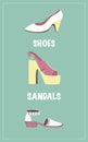 Set with three shoes in vector illustration. Isolated on green background. Royalty Free Stock Photo